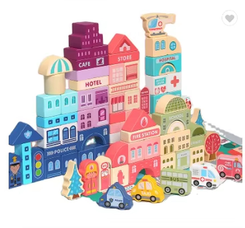 100Pcs Wooden City Street View Blocks Colorful Wooden Building Rainbow Blocks Kids Educational Wooden Blocks Toy